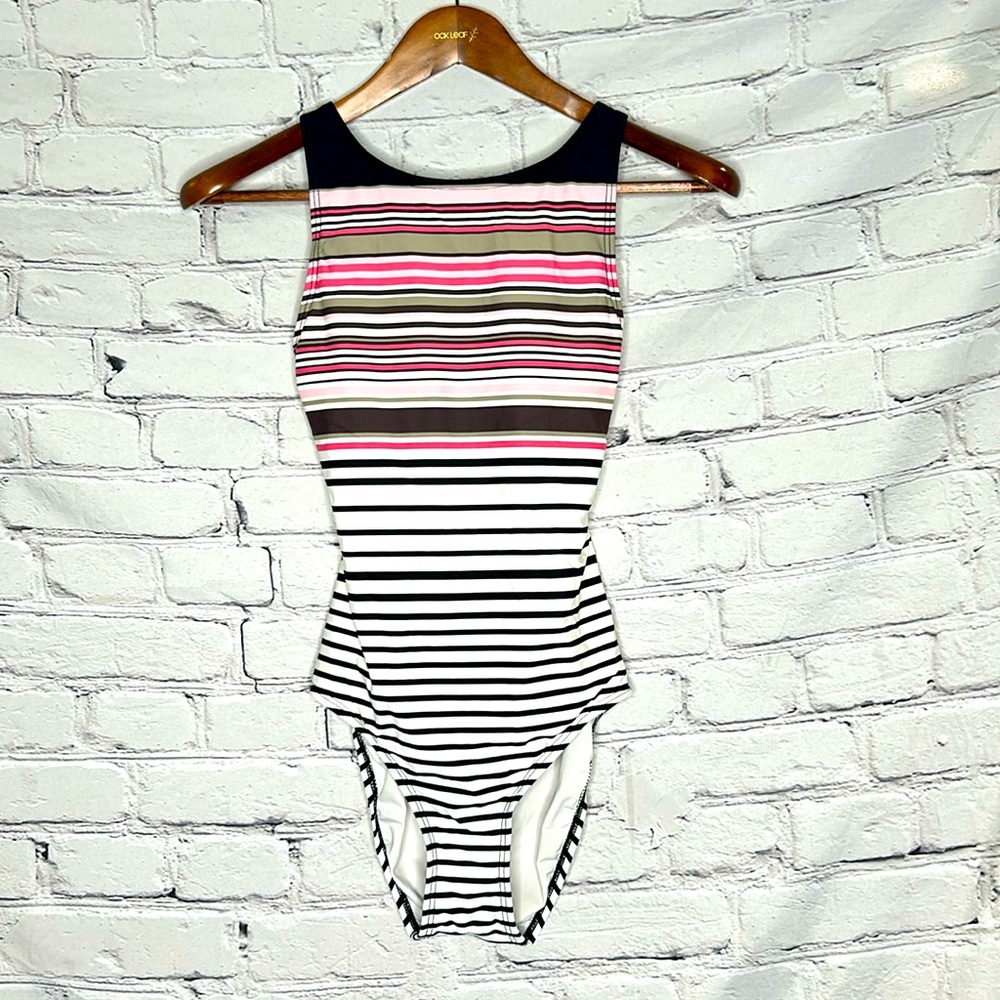 DKNY Black White Pink Striped One-Piece Swimsuit Size 8 Excellent Condition